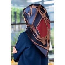 Vissona % 57 Ipek % 43 Viskon Twill Ipek Gold Efektli Geometrik Desenli Lacivert - Bordo Renkli 90X90 Eşarp