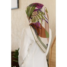 Vissona %100 Twill Ipek Çiçek Desenli Haki - Mürdüm Renkli 90X90 Eşarp Dikim Şekli : El Dikişi