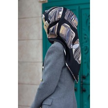 Vissona %100 Twill Ipek Geometrik Kare Desenli Siyah - Gri Renkli 90X90 Eşarp Dikim Şekli : El Dikişi