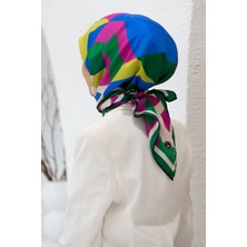 Vissona %100 Twill Ipek Geometrik Desenli Fuşya - Zümrüt Yeşili Renkli 90X90 Eşarp Dikim Şekli : El Dikişi