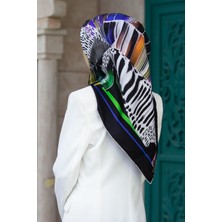 Vissona %100 Twill Ipek Geometrik Desenli Siyah - Turuncu Renkli 90X90 Eşarp Dikim Şekli : El Dikişi