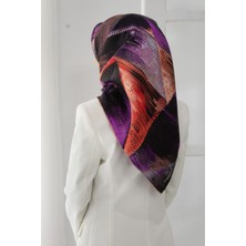 Vissona %100 Twill Ipek Efektli ve Geometrik Desenli Siyah - Nar Çiçeği Renkli 90X90 Eşarp Dikim Şekli : El