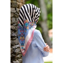 Vissona %100 Twill Ipek Çıtır Çiçekli ve Çizgi Desenli Pudra - Bebe Mavisi Renkli 90X90 Eşarp Dikim Şekli :