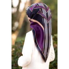 Vissona %100 Twill Ipek Kareli Kazayaklı Desenli Mürdüm - Lacivert Renkli 90X90 Eşarp Kenar Dikiş Şekli El D