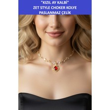 Zetconcept Zet Style ““kızıl Ay Kalbi – Mistik Kristal Choker” Paslanmaz Çelik Kolye - Muhteşem Bir Hediye