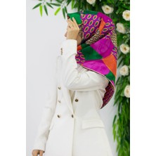 Vissona %100 Twill Ipek Geometrik Desenli Fuşya - Zümrüt Yeşili Renkli 90X90 Eşarp Eşarp Kenar Dikiş Şekli E