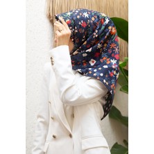 Vissona %100 Twill Ipek Çıtır Çiçek Desenli Lacivert - Kırmızı Renkli 90X90 Eşarp Dikim Şekli : El Dikişi