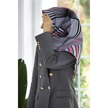 Vissona %100 Twill Ipek Okyanus Dalgası Desenli Pudra - Gri Renkli 90X90 Eşarp Kenar Dikiş Şekli El Dikişli