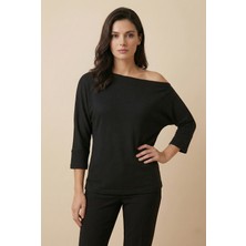 Şiir Aleg Kadın Kayık Yaka Dökümlü Rahat Kalıp Truvakar Kol Bluz & Top - Siyah
