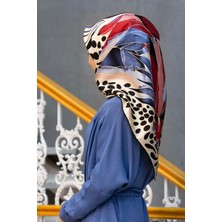 Vissona %100 Twill Ipek Amazon Desenli Kırmızı- Indigo Renkli 90X90 Eşarp Kenar Dikiş Şekli El Dikişli