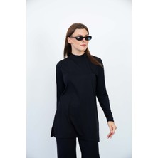 Penye Bizden Viskon Dik Yaka Tunik -Siyah