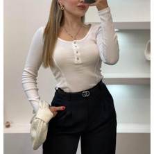 Butik Kadın Fitilli Düğmeli U Yaka Uzun Kollu Body Bluz