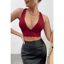 Kadın Bordo Çapraz Sırt Detaylı Şık Crop Top Büstiyer