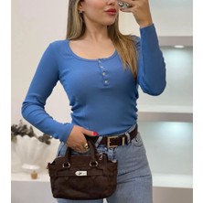 Butik Kadın Fitilli Düğmeli U Yaka Uzun Kollu Body Bluz