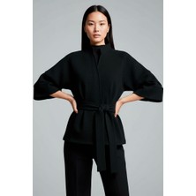 Şiir Origami Kadın Ottoman Desen Geo Reglan Kollu Hakim Yakalı Pile Detaylı Mont & Ceket & Kaban - Siyah