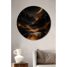 Teona Ahşap Altın Işıltılı Şelale Ay Manzarası Yağlı Boya Görünümlü Dekoratif Ahşap Tablo Yuvarlak Duvar Tablosu