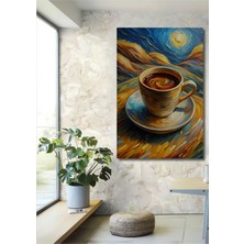 Teona Ahşap Sarı ve Mavi Van Gogh Esintili Yağlı Boya Görünümlü Kahve Fincanı Ahşap Dekoratif Tablo