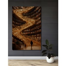 Teona Ahşap Masalsı Kütüphane Işıltılı Merdiven Yağlı Boya Görünümlü Ahşap Dekoratif Ev,antre,salon,ofis Tablo