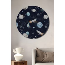 Teona Ahşap Uzay Macerası Roket ve Gezegenler Sulu Boya Görünümlü Ahşap Dekoratif Tablo Yuvarlak Duvar Tablosu