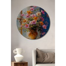 Teona Ahşap Canlı Renk Çiçek Buketi Sulu Boya Görünümlü Ahşap Dekoratif Tablo Yuvarlak Duvar Tablosu