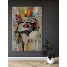 Teona Ahşap Bohem Ruhu Renkli Tüyler ve Kadın Portresi Yağlı Boya Görünümlü Ahşap Dekoratif Tablo