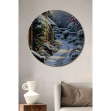 Teona Ahşap Kış Bahçesi Manzarası Yağlı Boya Görünümlü Ahşap Dekoratif Tablo Yuvarlak Duvar Tablosu