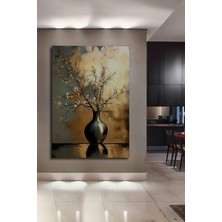 Teona Ahşap Altın Varaklı Beyaz Çiçek Dalı Yağlı Boya Görünümlü Modern Sanat Ahşap Dekoratif Tablo