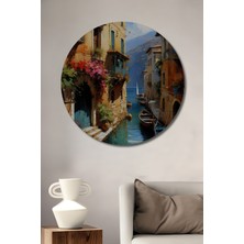 Teona Ahşap Italyan Kanalları Sulu Boya Görünümlü Ahşap Dekoratif Tablo Yuvarlak Duvar Tablosu