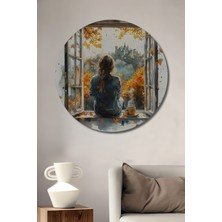 Teona Ahşap Sonbahar Manzaralı Kale ve Kahve Sulu Boya Görünümlü Ahşap Tablo Yuvarlak Duvar Tablosu