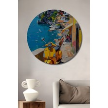 Teona Ahşap Positano Sahilinde Sarı Vespa Italyan Tatili Yağlı Boya Görünümlü Dekoratif Ahşap Tablo Yuvarlak Duvar Tablosu