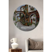 Teona Ahşap Italyan Sokak Manzarası Yağlı Boya Görünümlü Ahşap Dekoratif Tablo Yuvarlak Duvar Tablosu