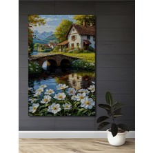 Teona Ahşap Bahar Köy Manzarası Taş Köprü Sulu Boya Görünümlü Dekoratif Ahşap Ev,antre,salon,ofis,mutfak Tablo