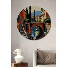 Teona Ahşap Italyan Kanal Manzarası Sulu Boya Görünümlü Sanat Tablosu Yuvarlak Duvar Tablosu