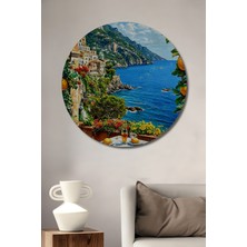 Teona Ahşap Italyan Sahili Yağlı Boya Görünümlü Dekoratif Ahşap Tablo Yuvarlak Duvar Tablosu