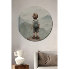 Teona Ahşap Küçük Kaşif Dağ Manzarası Sulu Boya Görünümlü Dekoratif Ahşap Tablo Yuvarlak Duvar Tablosu