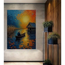 Teona Ahşap Batan Güneş ve Tekne Yolculuğu Yağlı Boya Görünümlü Ahşap Dekoratif Ev,antre,salon,ofis Tablo
