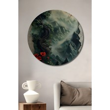 Teona Ahşap Büyülü Orman Kapısı Ağaç ve Dağ Manzarası Yağlı Boya Görünümlü Dekoratif Ahşap Tablo Yuvarlak Duvar Tablosu