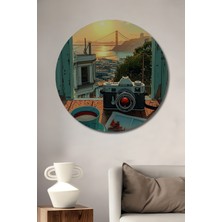 Teona Ahşap Altın Kapı Manzaralı Kahve Molası Yağlı Boya Görünümlü Ahşap Dekoratif Tablo Yuvarlak Duvar Tablosu