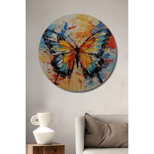 Teona Ahşap Canlı Renkli Kelebek Yağlı Boya Görünümlü Ahşap Dekoratif Tablo Yuvarlak Duvar Tablosu