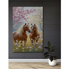 Teona Ahşap Sevimli Atlar ve Kiraz Çiçekleri Yağlı Boya Görünümlü Ahşap Dekoratif Ev,antre,salon,ofis Tablo