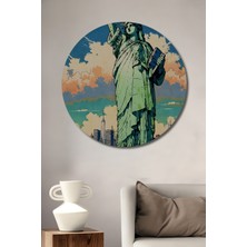 Teona Ahşap Özgürlük Heykeli Yağlı Boya Görünümlü Dekoratif Ahşap Tablo Yuvarlak Duvar Tablosu
