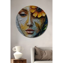 Teona Ahşap Portre Çiçek Baskısı Yağlı Boya Görünümlü Ahşap Dekoratif Tablo Yuvarlak Duvar Tablosu