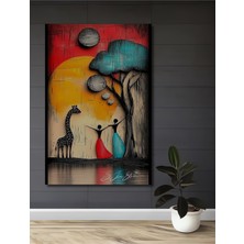 Teona Ahşap Afrika Gün Batımı Zürafa ve Insan Figürlü Yağlı Boya Görünümlü Modern Sanat Ahşap Dekoratif Tablo