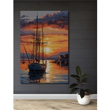 Teona Ahşap Gün Batımı Yelkenlisi Sulu Boya Görünümlü Modern Sanat Ahşap Dekoratif Ev,antre,salon,ofis Tablo