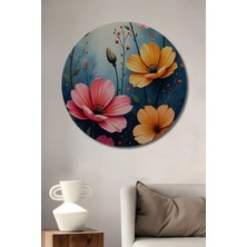Teona Ahşap Canlı Renkler Boho Stil Çiçek Buketi Yağlı Boya Görünümlü Ahşap Dekoratif Tablo Yuvarlak Duvar Tablosu