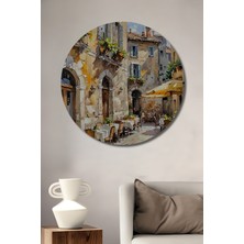 Teona Ahşap Italyan Sokak Kafe Sulu Boya Görünümlü Ahşap Dekoratif Tablo Yuvarlak Duvar Tablosu
