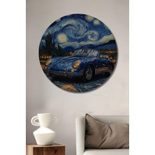 Teona Ahşap Porsche Starry Night Yağlı Boya Görünümlü Ahşap Dekoratif Tablo Yuvarlak Duvar Tablosu