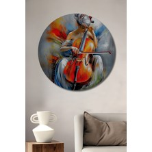 Teona Ahşap Çello Çalan Kadın Yağlı Boya Görünümlü Modern Sanat Ahşap Dekoratif Tablo Yuvarlak Duvar Tablosu