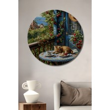 Teona Ahşap Saklı Bahçe Kahvesi Uyuyan Kedi Yağlı Boya Görünümlü Dekoratif Ahşap Tablo Yuvarlak Duvar Tablosu