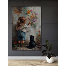Teona Ahşap Sevimli Kedi ve Çiçekleri Seven Küçük Kız Yağlı Boya Görünümlü Ahşap Dekoratif Ev,antre,salon Tablo